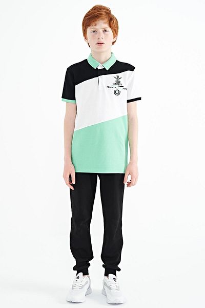 TOMMY LIFE Water Green Color Blocked Embroidery Detailed Standard Pattern Polo Neck Boys' T-shirt - 11088