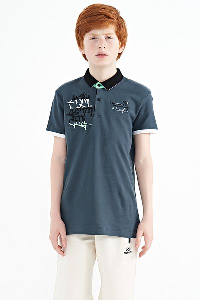 TOMMY LIFE Forest Green Text Embroidery Detailed Standard Pattern Polo Neck Boy's T-shirt - 11085