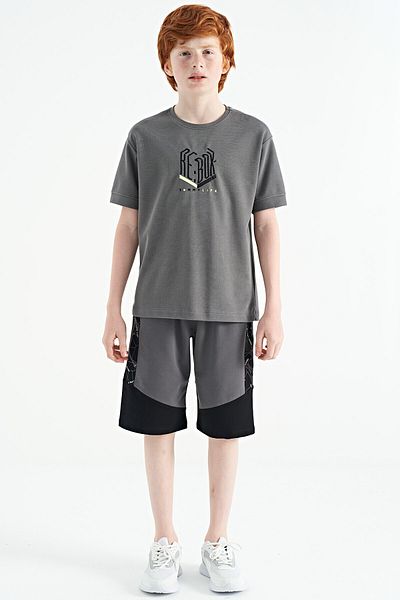 TOMMY LIFE Dark Gray Embroidered O-neck Oversize Boy's T-shirt - 11151