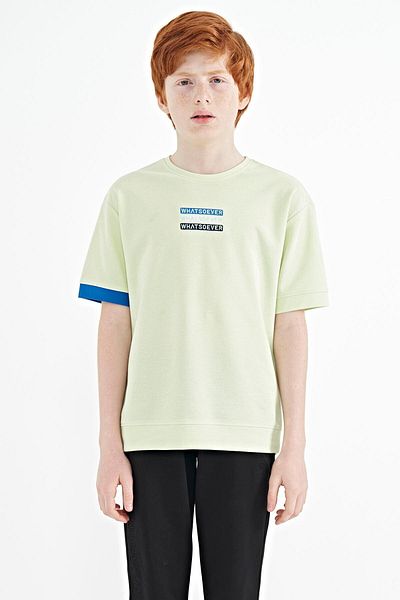 TOMMY LIFE Light Green Text Embroidered O Neck Oversize Boy's T-shirt - 11146