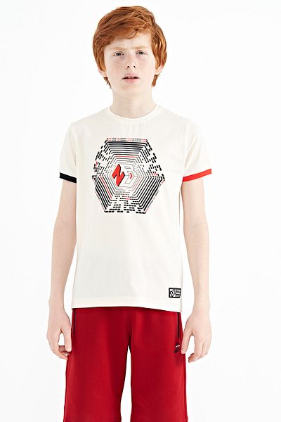 TOMMY LIFE Ecru Sleeve End Colored Detailed Printed Standard Mold Boy's T-shirt - 11156