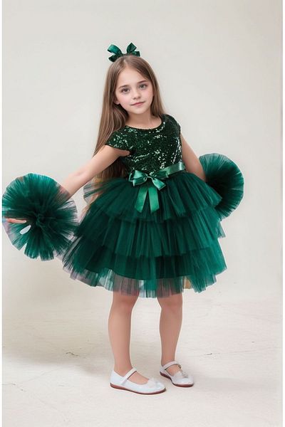 ABİYEKİDS Green Birthday Party Performance - Homecoming Dress with Pompom, Buckle and Sequin Detail Aby160
