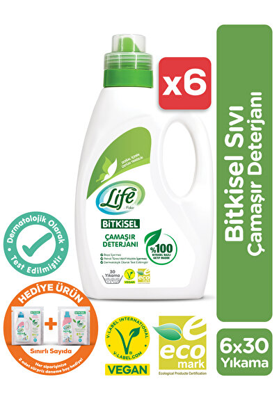 Life by Fakir %100 Bitkisel Bazlı Vegan Sıvı Çamaşır Deterjanı 1500 ml X 6 Adet, %100 Doğal Temizlik