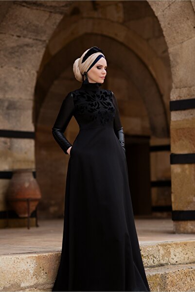 Muslima Wear Adeliya Mat Siyah Yaprak Desenli Siyah Kol Derili Elbise
