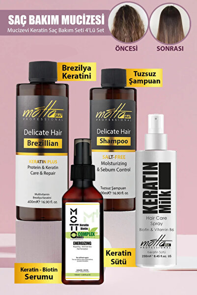 Motto Plus Professional Keratin Bakımı Saç Bakım Mucizesi 4'lü Set (Keratin - Şampuan - Keratin&Biotin Serum - Keratin Sütü)