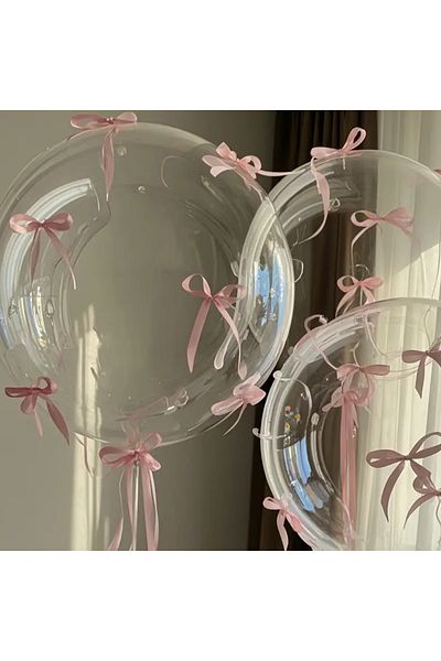 PartyPoo 3Pcs Transparent Bobo Balloon with Pink Bow 18 Inch Party Wedding Nikah Ornament Birthday Decoration