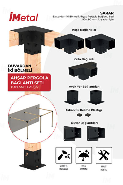 imetal Ahşap Pergola Braket Seti Duvardan Iki Bölümlü 90 X 90 Mm Ahşaplar Için