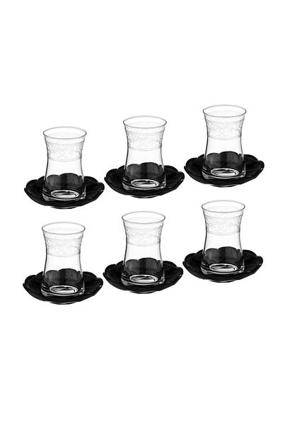 Dania Turkish glass tea cup set with fine laser engraving and black glass saucer, 6 cups and 6 saucers