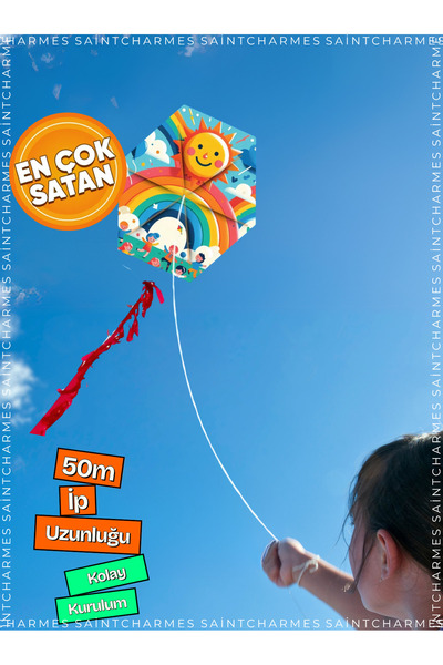 Saint Charmes Çocuk Uçurtması Gökkuşağı ve Güneş Desenli 50m İpli Renkli Kolay Kurulum Oyuncak