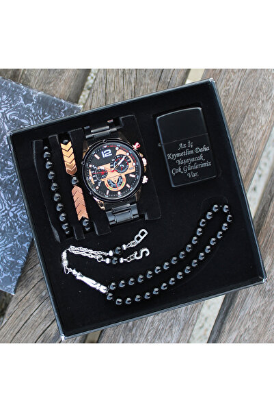 saat&istasyonu Çelik Kordonlu Erkek Kol Saati Tesbih Bileklik Çakmak Seti