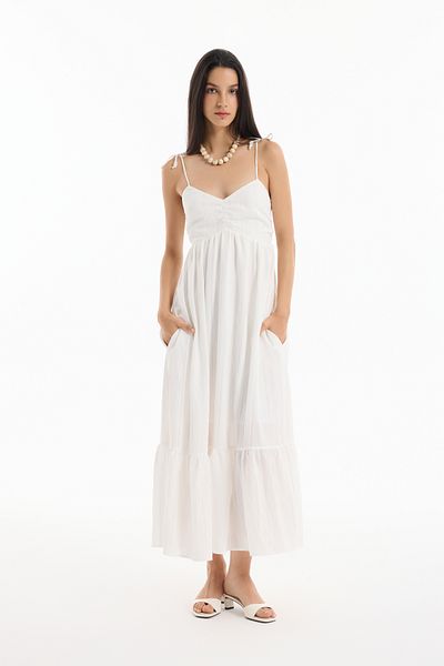 Quzu Drawstring Detailed Maxi Dress Ecru