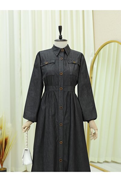 Modamorfo Buttoned Double Pocket Denim Dress with Elastic Sleeves - Anthracite