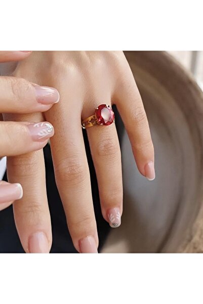 Utku Kuyumculuk 14 AYAR KIRMIZI KRİSTAL TAŞLI ALTIN YÜZÜK