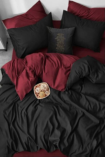 İQON Fitted Sheet Bed Linen Set Double Burgundy-Black Blackburgundy