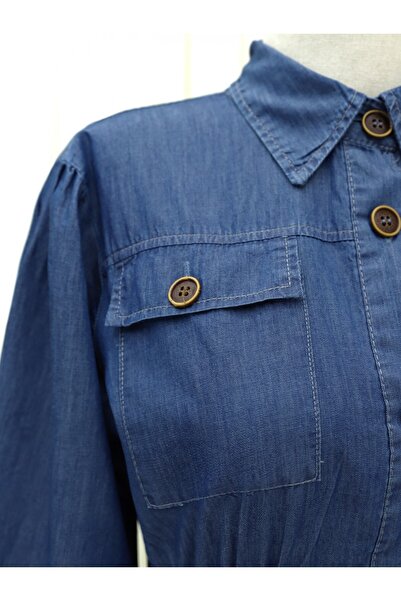 Modamorfo Джинсове плаття з гумкою на рукавах, ґудзиками по всій довжині та двома кишенями - індиго