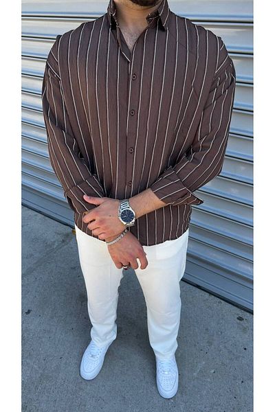 bafatex Ανδρικό λινό ριγέ πουκάμισο New Season Oversize