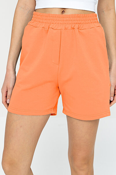 bilcee Quicktime Women's Light Orange High Waist Cotton Pocketed Elastic Waistband Sports Shorts 7006