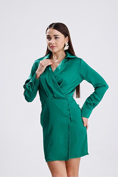 VAPUR TEKSTİL Double breasted collar front button dress satin - emerald