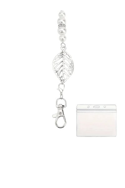 LavinTheMavi Pearl Detailed Silver Color Neck Rope and Transparent Card Holder
