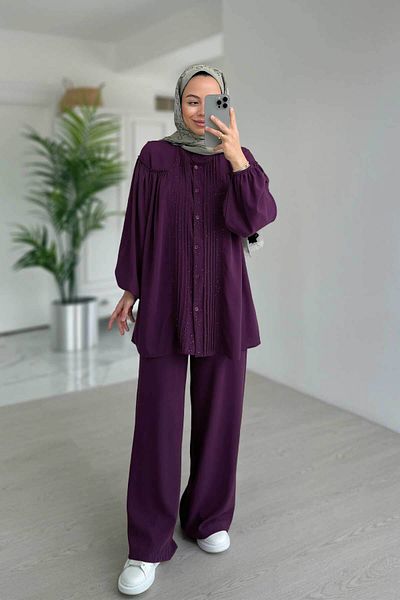 Ka Hijab Sparkling Pleated Detailed Suit - Purple