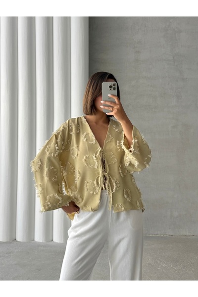 Lusin Women's Green Tassel Detailed Premium Linen Shirt