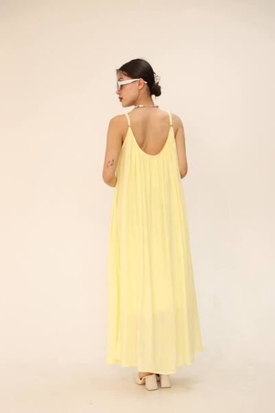 Gameyal Women's Midi Length Adjustable Strap Crew Neck Pleated Loose Lined Dress