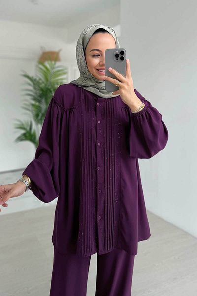 Ka Hijab Sparkling Pleated Detailed Suit - Purple
