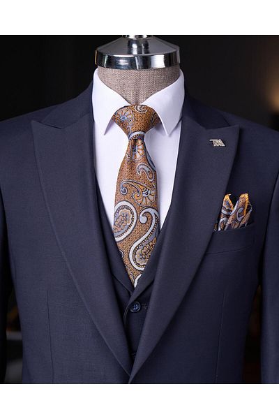 TerziAdemAltun Italian Style Slim Fit Men's Jacket Vest Trousers Suit Navy Blue T9023