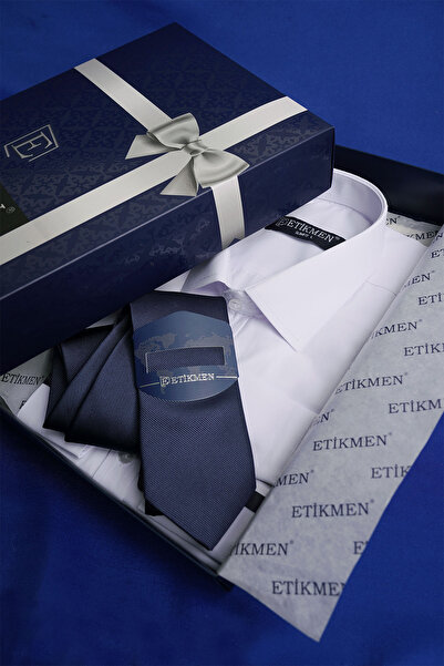 Etikmen White Satin and Navy Blue Tie Set - Plain Gift Boxed
