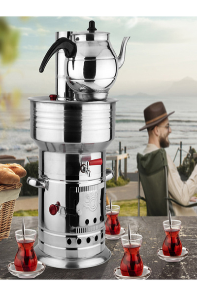 sobapark Odunlu Kömürlü Çay Semaveri Odunlu Kömürlü Semaver Tek Musluklu Semaver 7 Litre Demlik 1 Litre