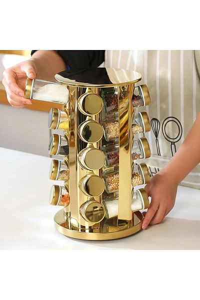 Un 20-Canister 360-Degree Rotating Round Spice Organizer, Gold