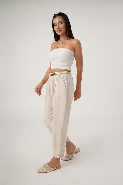 Hipo Trend Beige Linen Trousers - Carrot Cut and Gingham Detail