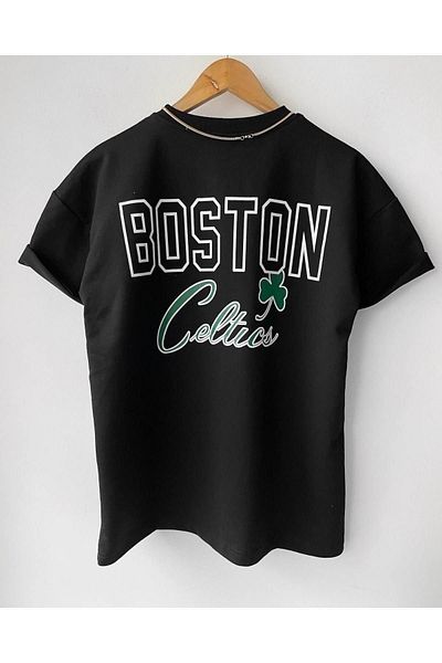 VBSVİBES Unisex Black Oversize Boston Logo Printed Cotton T-Shirt