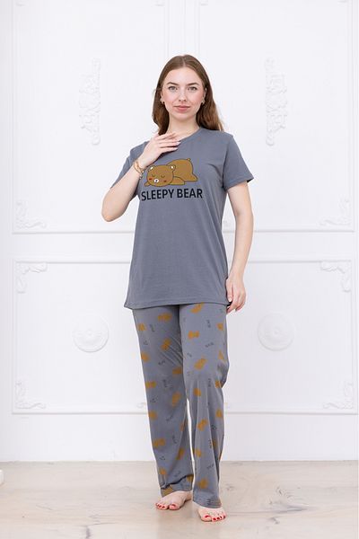 MyRia Women's Teddy Bear Patterned Pajama Set Gray