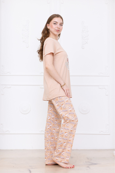 MyRia Γυναικείο Σετ Πιτζάμες με σχέδιο καφέ Μπεζ