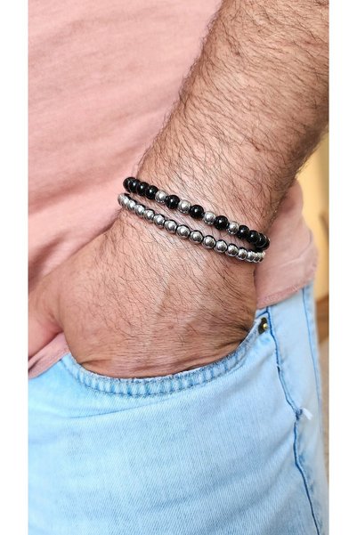Ayza Hematite and Onyx Double Bracelet/Natural Stone Men's Bracelet