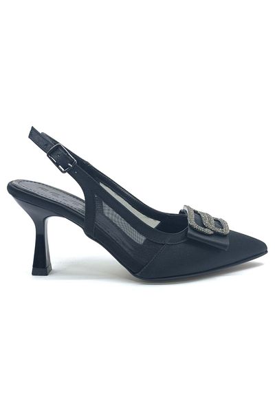 KOCAMANLAR Feles Open Back Transparent Stone Detailed Women's Heeled Shoes Black