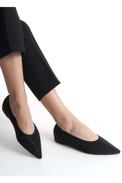KOCAMANLAR Feles Pointed Toe Stone Detailed Women's Ballerina Shoes Black