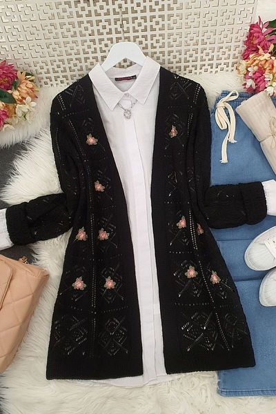 Modamorfo Openwork Embroidered Cardigan -Black