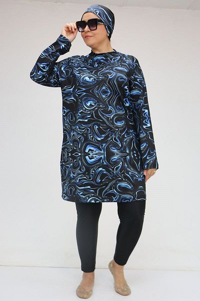 Eslina 1727 Model Large Size Long Sleeve Hijab Swimsuit Set with Leggings - Aqua Blue