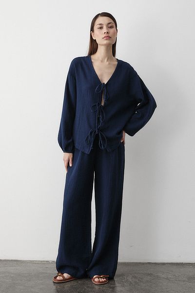 Laluvia Marineblauer Blusen-Hosensatz aus 100 % Baumwolle mit Schnürung – 8502