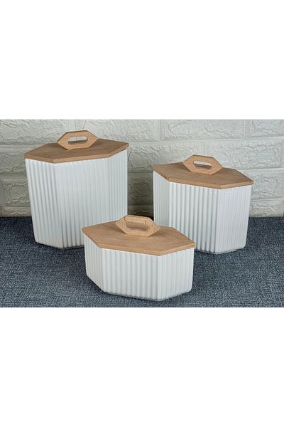 Kitchen Pembelia Porcelain Tea Sugar Salt Coffee Pulses Storage Jar with 3-Piece Wooden Stand