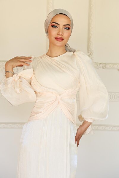 Olcay Volan ve Fiyonk Detaylı Kol Ağzı Bağlamalı Yoryo İpek Tesettür Abiye Elbise FİL DİŞİ 1224