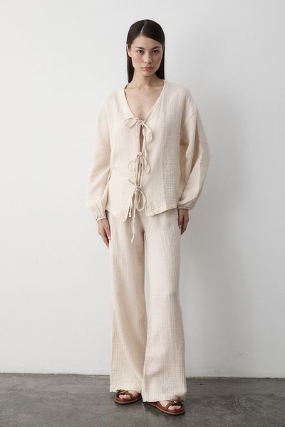 Laluvia Beige 100% Cotton Tie-Up Blouse Trousers Set - 8502