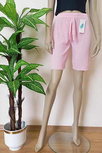 VİP BERA TEKSTİL Kadın Fitilli Çizgili Penye Raporlu Pamuklu Şort Pembe