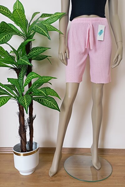 VİP BERA TEKSTİL Kadın Fitilli Çizgili Penye Raporlu Pamuklu Şort Pembe