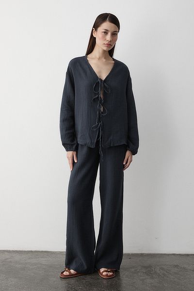 Laluvia Anthracite 100% Cotton Tie-Up Blouse Trousers Set - 8502