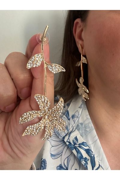 ALS Tasarım Dünyası Women's Gold Color Zircon Stone Flower and Leaf Detailed Earrings