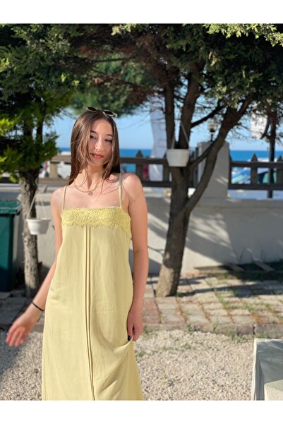 Tumtum Wear Dantel Detaylı Ayarlanabilir Askılı Sırt Bağlamalı Keten Elbise