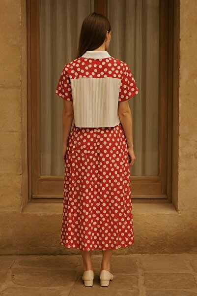 BRTC design Women's Red White Polka Dot Pleat Detailed Elegant Skirt Shirt Set